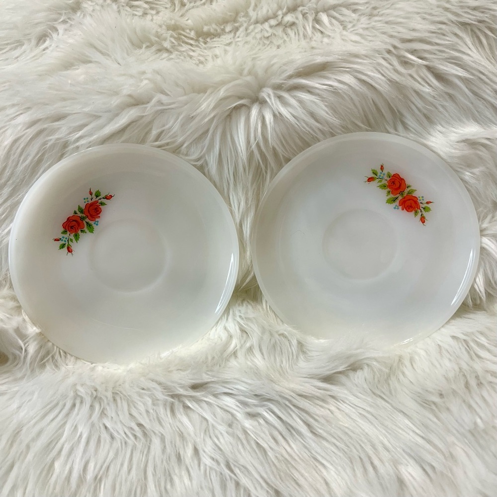 Anchor Hocking Fire King Ware Floral Milk‎ Glass Saucer set of 2